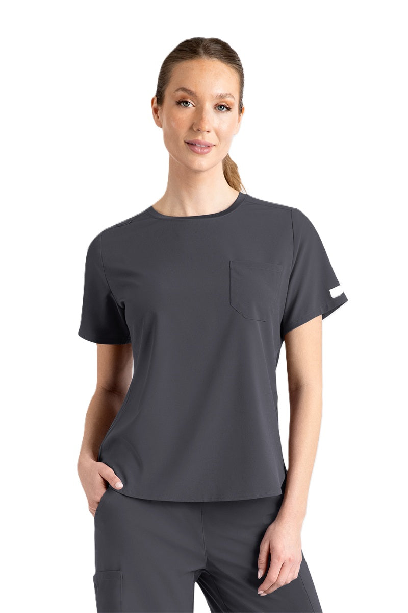 IRG EPIC 4805 Women's Round Neck Scrub Top in Pewter Grey - eco-friendly scrub top with high-low shirt tail hem, ideal for nurses and healthcare professionals
