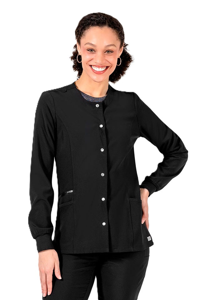 IRG EPIC 4811 women's snap front scrub jacket in black with pearl snaps, princess seams, and side slits for nurses and healthcare professionals.