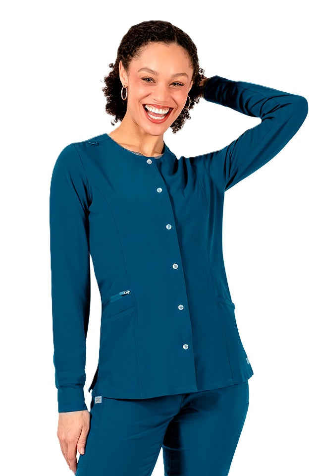 IRG EPIC 4811 women's snap front scrub jacket in caribbean blue with pearl snaps, princess seams, and side slits for nurses and healthcare professionals.