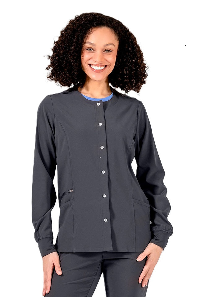 IRG EPIC 4811 women's snap front scrub jacket in pewter grey with pearl snaps, princess seams, and side slits for nurses and healthcare professionals.