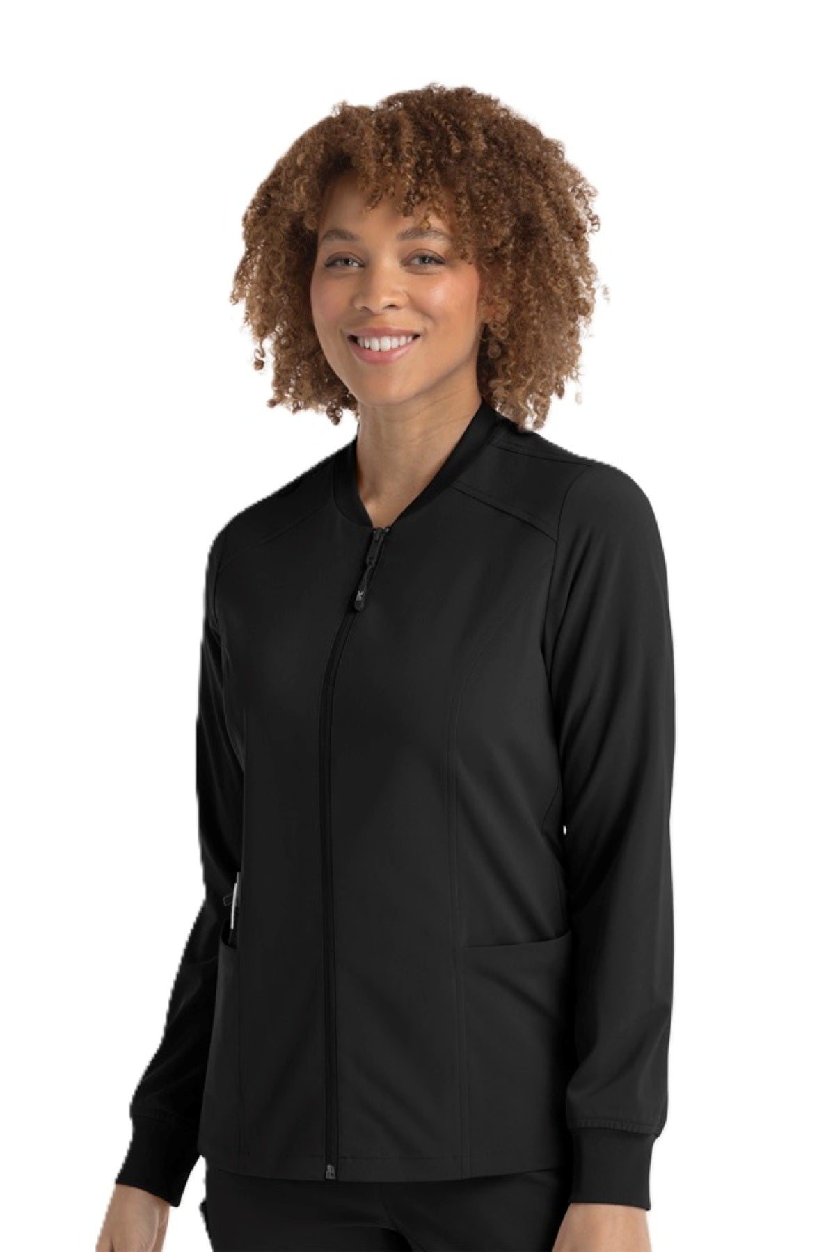 IRG EPIC 4812 women's scrub jacket in black with zipper front, princess seams, and side pockets.