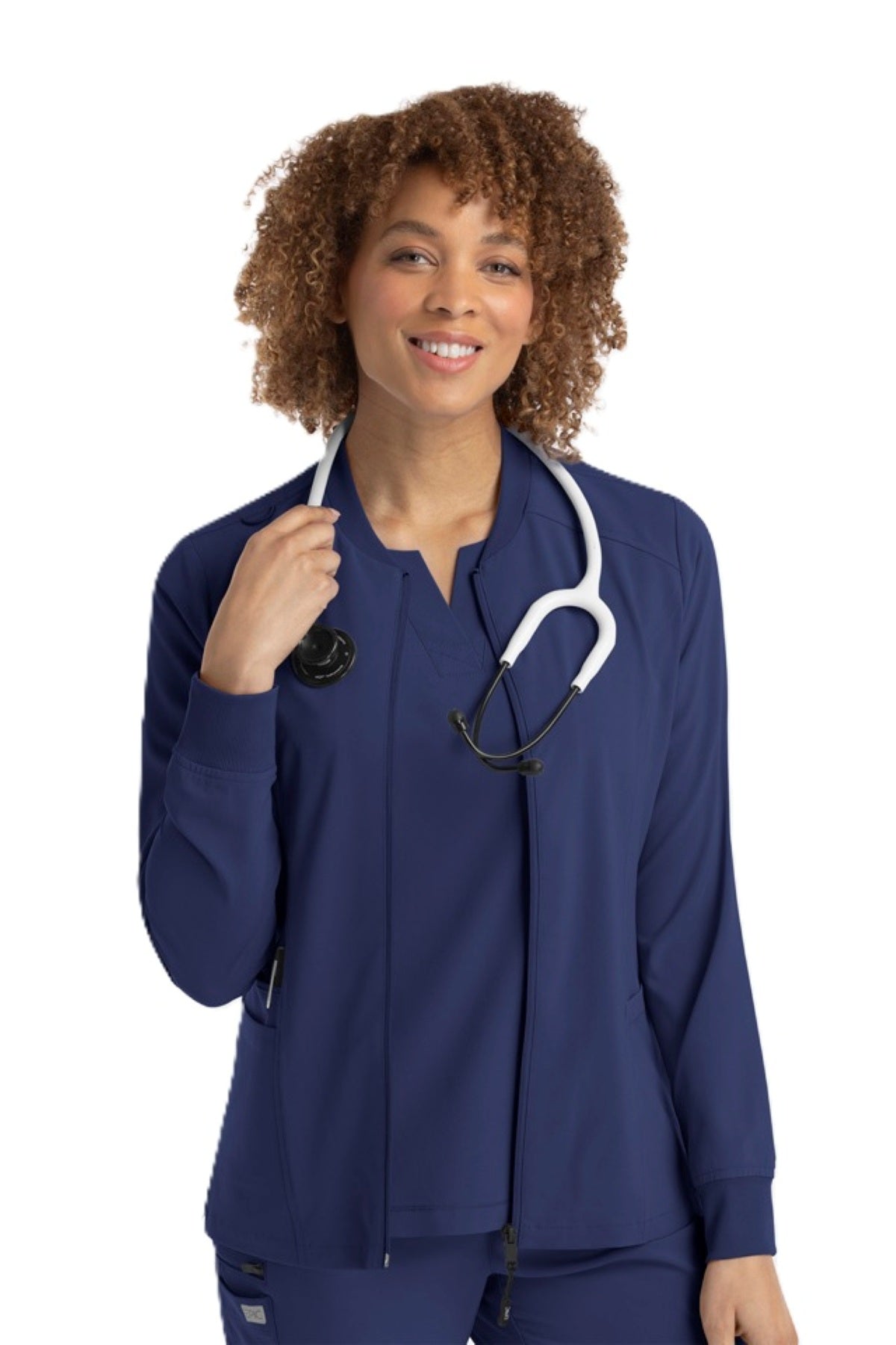 IRG EPIC 4812 women's scrub jacket in navy blue with zipper front, princess seams, and side pockets.