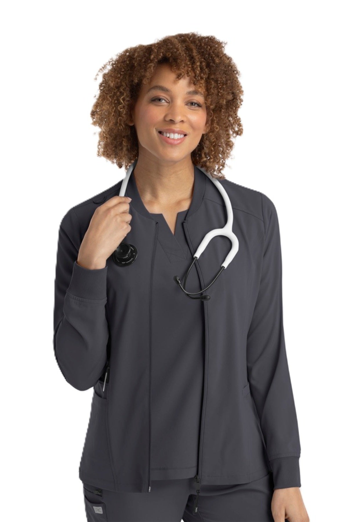 IRG EPIC 4812 women's scrub jacket in pewter grey with zipper front, princess seams, and side pockets.