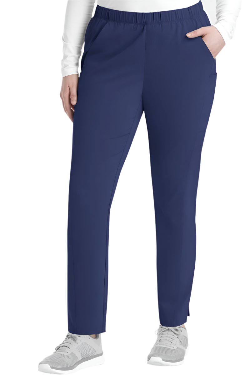 Women's IRG EPIC 9811 tapered leg scrub pants in navy blue with 360° stretch fabric, functional pockets, and modern athletic fit for nurses and healthcare professionals
