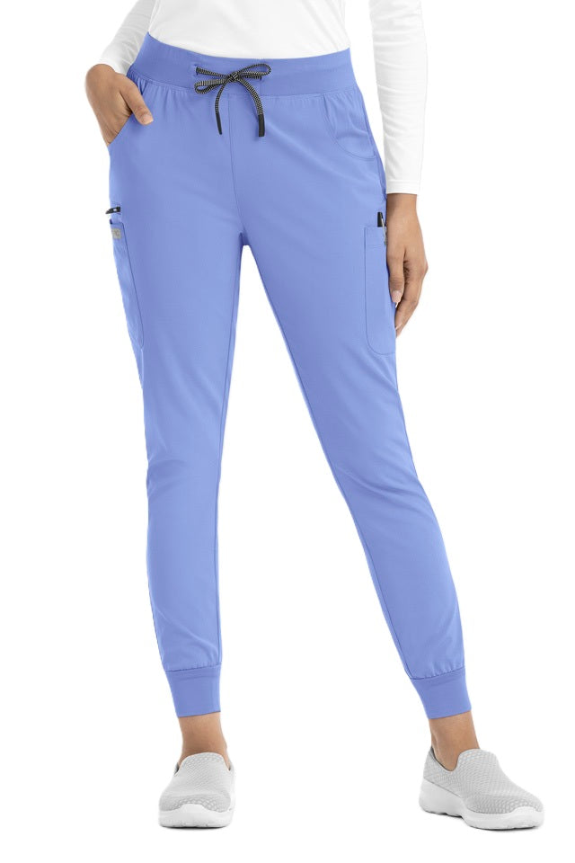 Women's ceil blue jogger scrub pants IRG EPIC 9812 with ribbed ankle cuffs and stretch fabric.