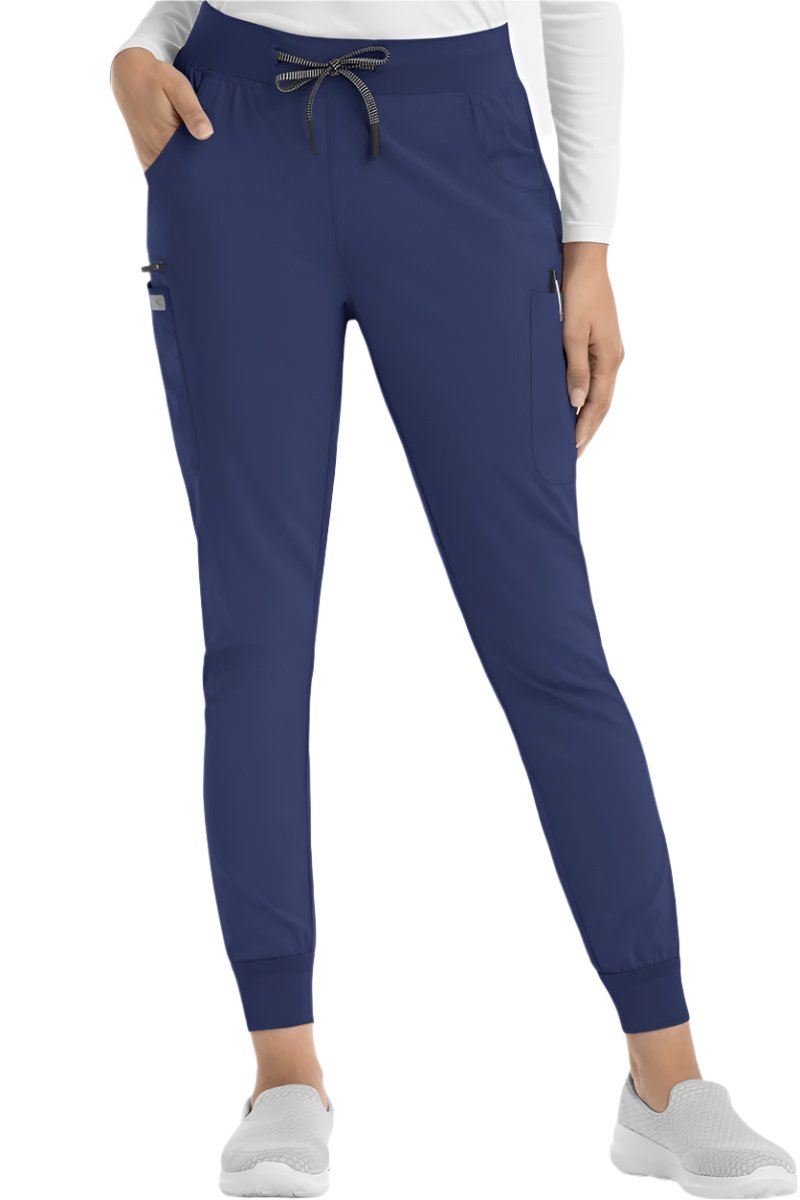Women's navy blue jogger scrub pants IRG EPIC 9812 with ribbed ankle cuffs and stretch fabric.