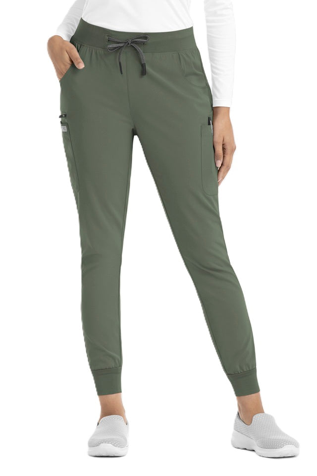 Women's olive green jogger scrub pants IRG EPIC 9812 with ribbed ankle cuffs and stretch fabric.