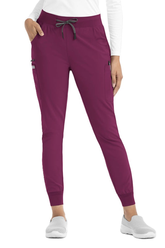 Women's wine red jogger scrub pants IRG EPIC 9812 with ribbed ankle cuffs and stretch fabric.
