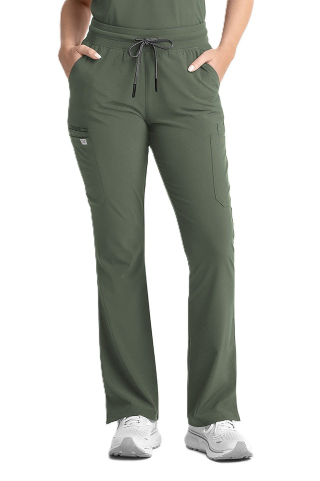 IRG EPIC 9813 women's flare leg scrub pants yoga waistband in olive green.