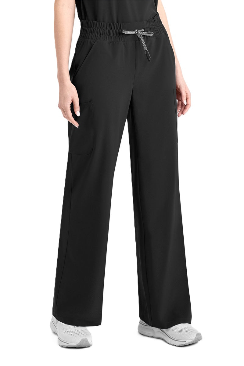 IRG EPIC 9814 Wide Leg Women's Scrub Pants in Black - 4 way stretch, lightweight sustainable fabric, full elastic waistband with contrast drawstring, available in Regular, Petite, and Tall lengths
