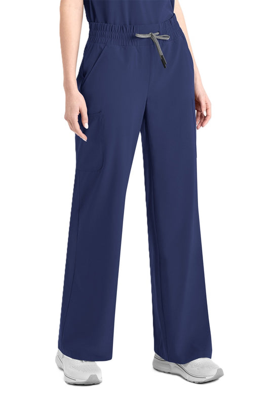 IRG EPIC 9814 Wide Leg Women's Scrub Pants in Navy Blue - 4 way stretch, lightweight sustainable fabric, full elastic waistband with contrast drawstring, available in Regular, Petite, and Tall lengths
