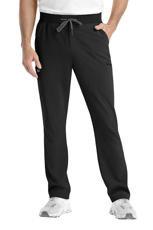 IRG EPIC 9851 men's scrub pants in black with 360° stretch fabric, quick-dry performance, and secure cargo pockets for medical staff.