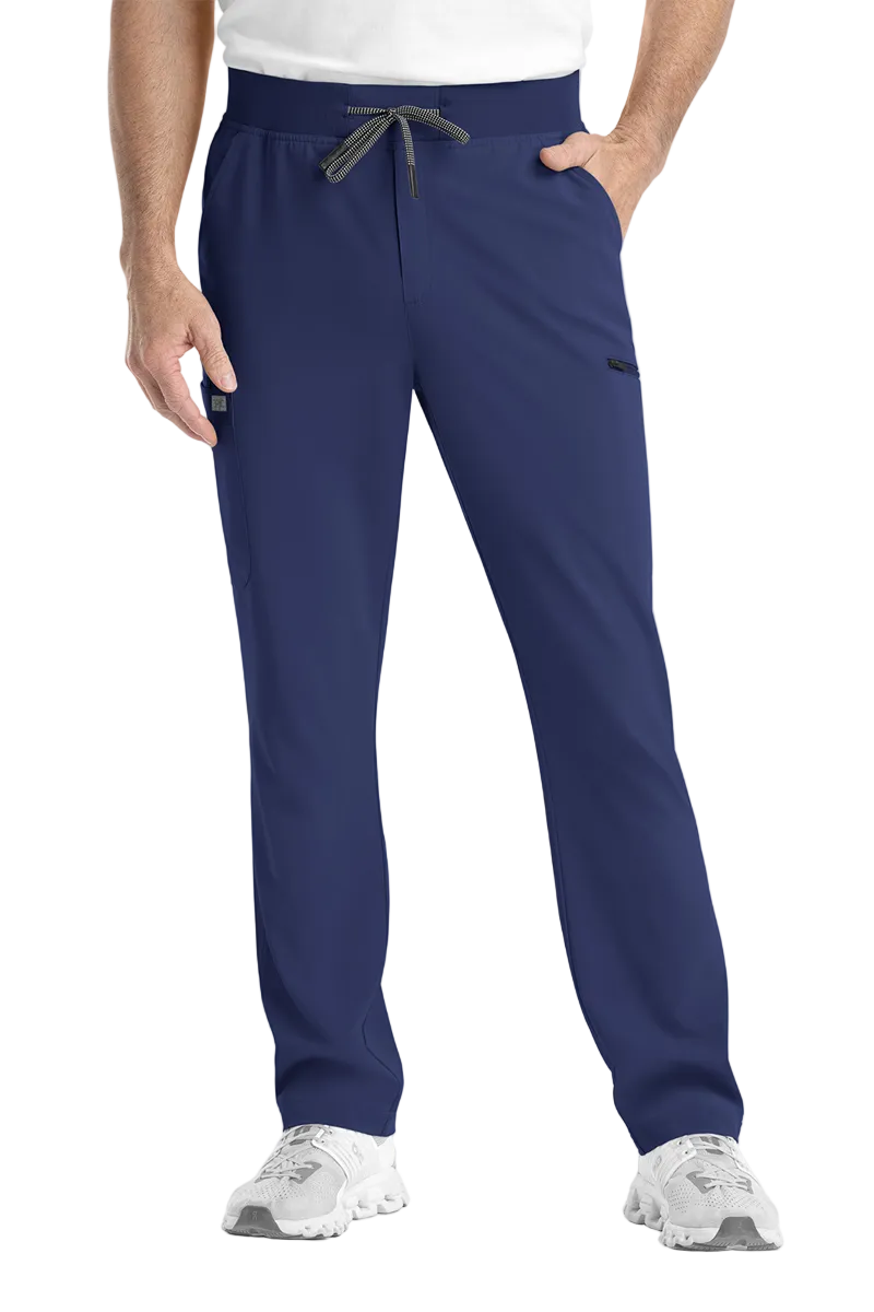 IRG EPIC 9851 men's scrub pants in navy blue with tapered athletic fit, yoga waistband, and zipper pockets for healthcare professionals.