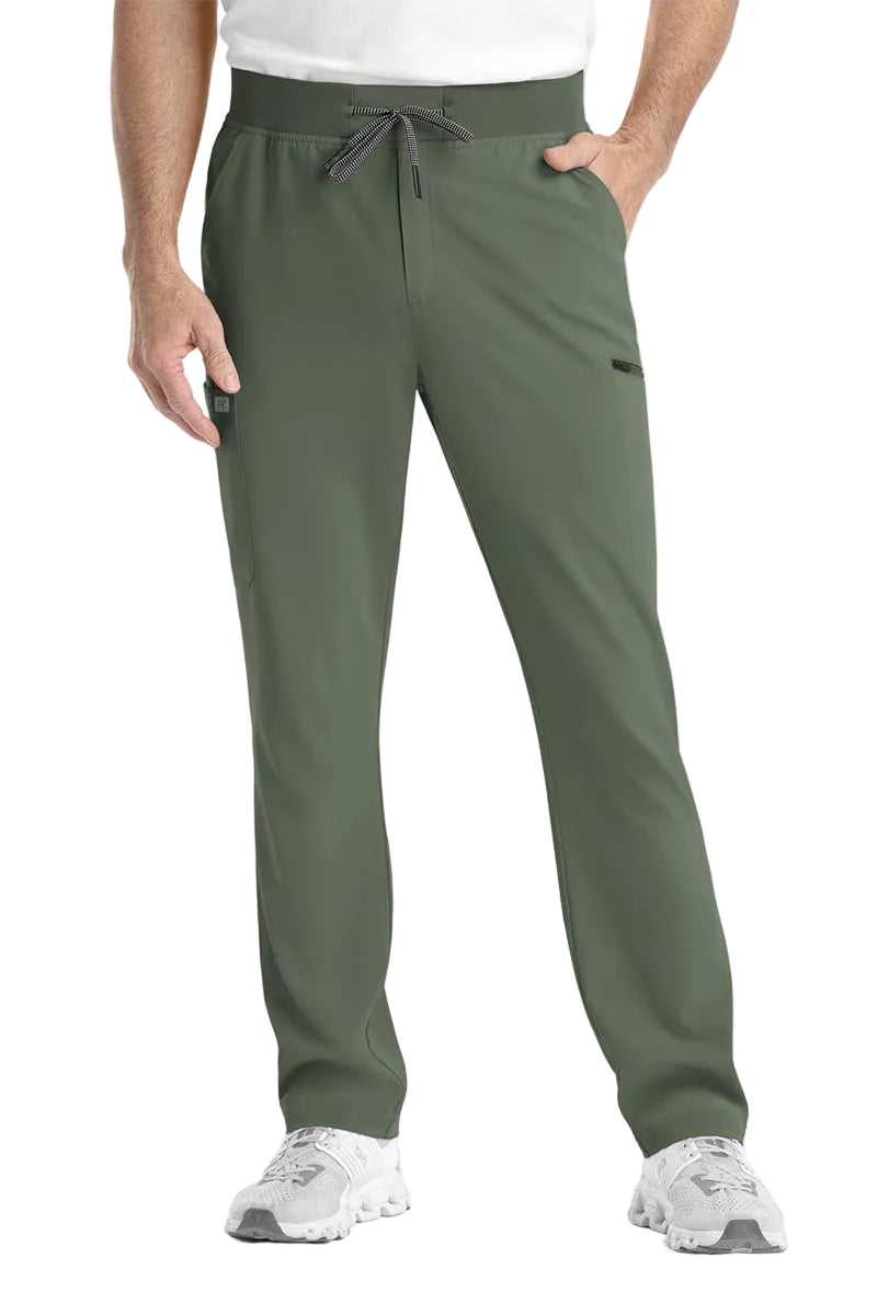 IRG EPIC 9851 men's scrub pants in olive green with four-way stretch, athletic cut, and multiple pockets for veterinary and dental professionals.