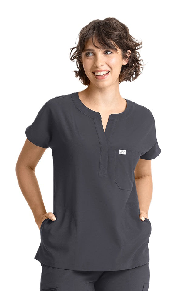 IRG EPIC 4804 pewter grey dolman scrub top with mandarin collar and 3 pockets - women's medical uniform.