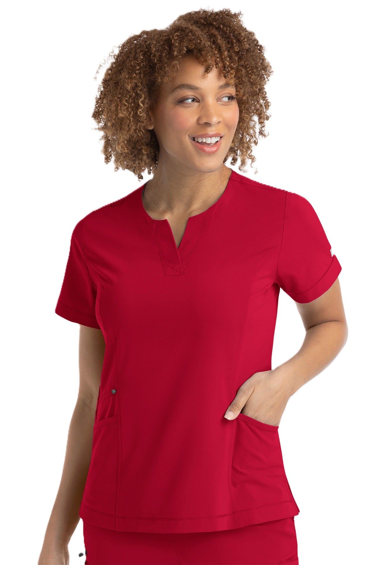 Red scrub top with princess seams and secure storage pocket - IRG EPIC 4802 healthcare professional uniform.