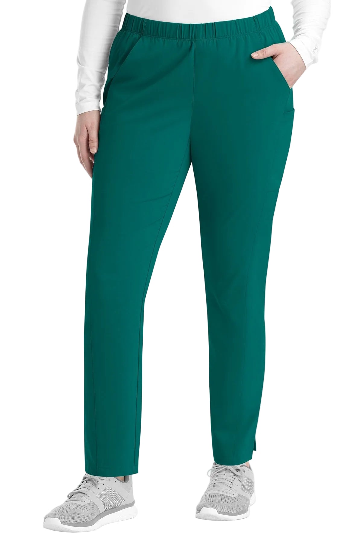 Women's IRG EPIC 9811 tapered leg scrub pants in hunter green with 360° stretch fabric, functional pockets, and modern athletic fit for nurses and healthcare professionals