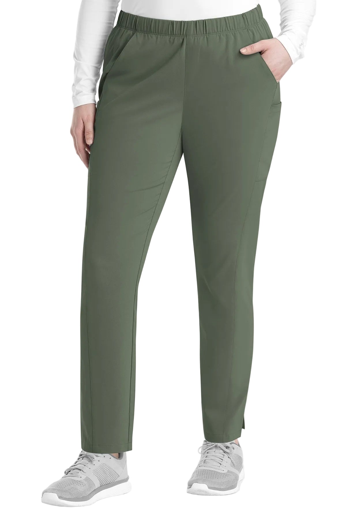 Women's IRG EPIC 9811 tapered leg scrub pants in olive green with 360° stretch fabric, functional pockets, and modern athletic fit for nurses and healthcare professionals
