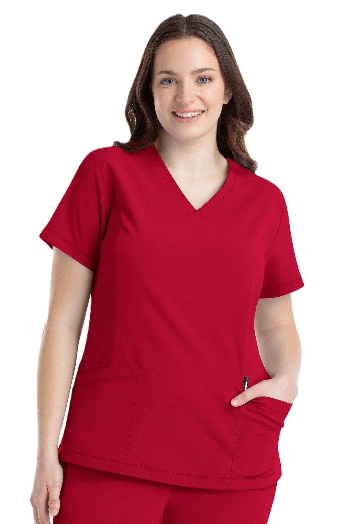 Women's IRG EPIC 4801 V-neck scrub top in red with durable fabric for nurses and clinical staff.
