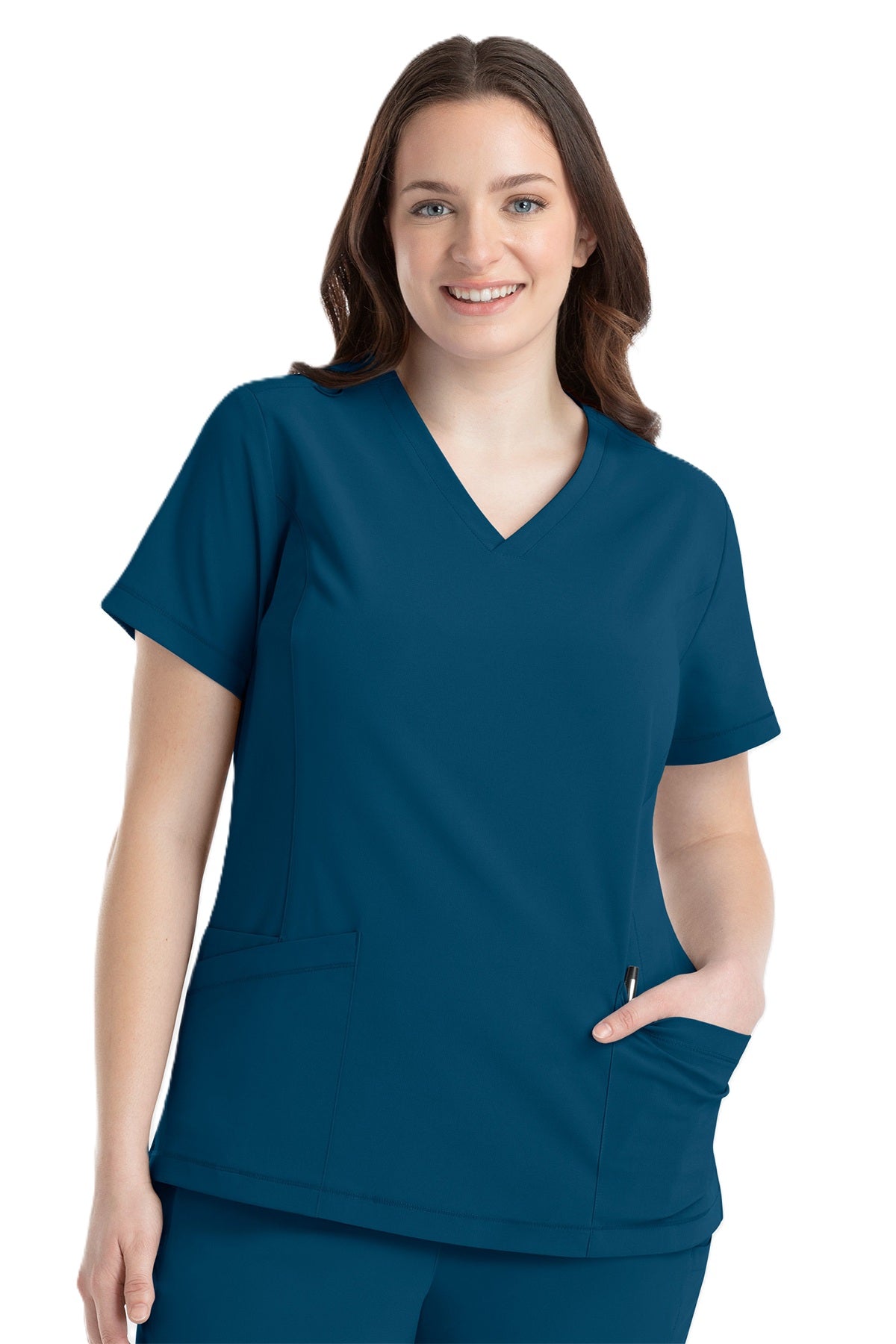 Women's IRG EPIC 4801 V-neck scrub top in caribbean blue with durable fabric for nurses and clinical staff.