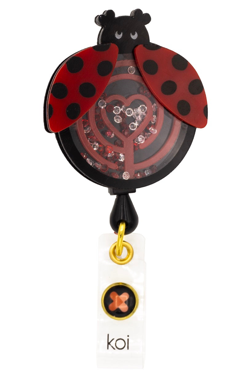 Koi lady bug Badge Reel with retractable cord and snap badge holder at Parker's Clothing & Scrubs.