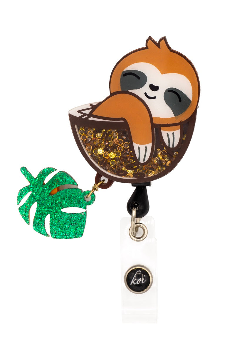 Koi sloth Badge Reel with retractable cord and snap badge holder at Parker's Clothing & Scrubs.