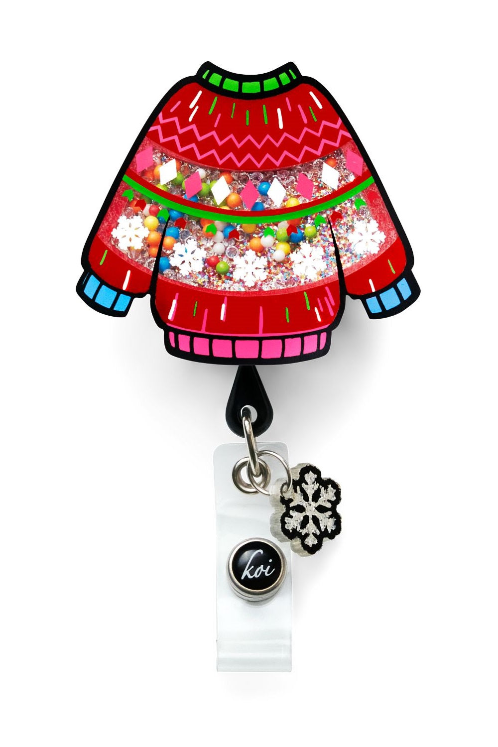 Koi Ugly Sweater Badge Reel with retractable cord and snap badge holder at Parker's Clothing & Scrubs.