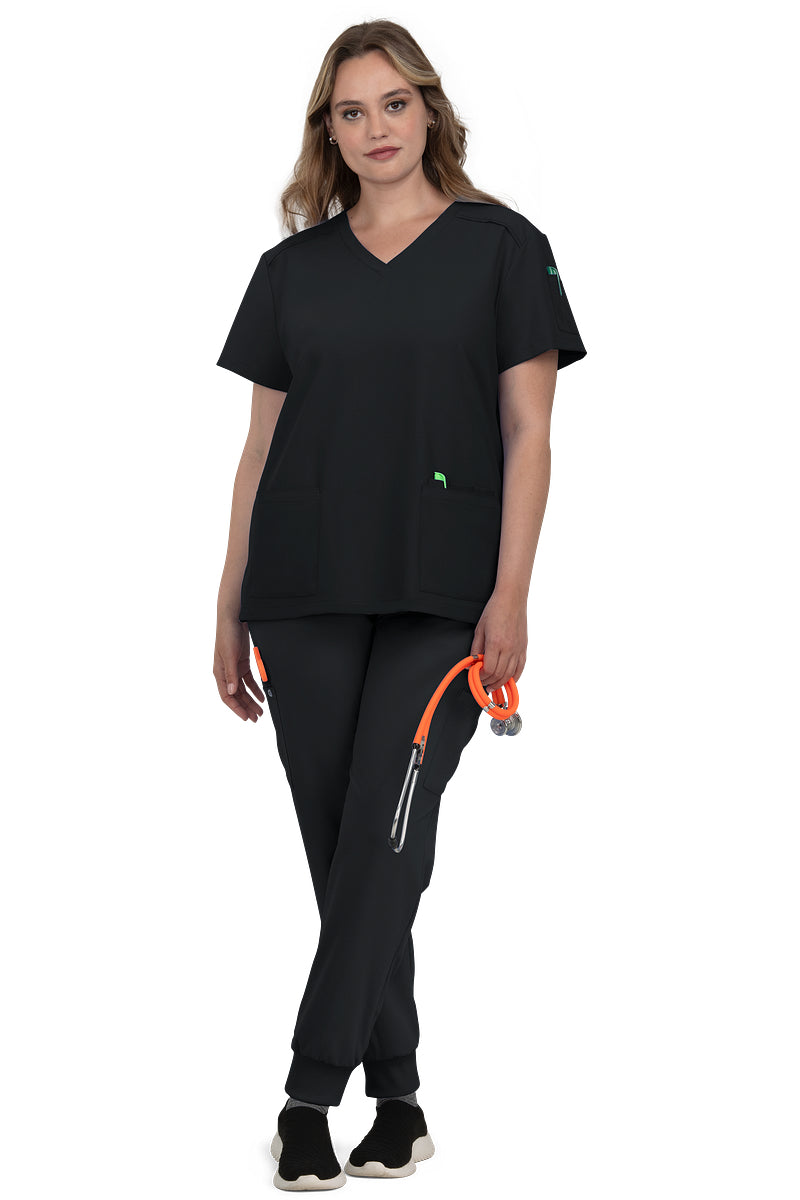 Koi Cureology Cardi C101 black v-neck women's scrub top with multiple pockets for healthcare professionals.