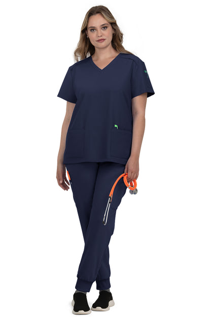 Koi Cureology Cardi C101 navy blue women's v-neck scrub top with moisture wicking performance fabric.