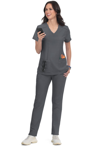 Koi Cureology Cardi C101 pewter grey women's v-neck scrub top with functional pockets for nurses.