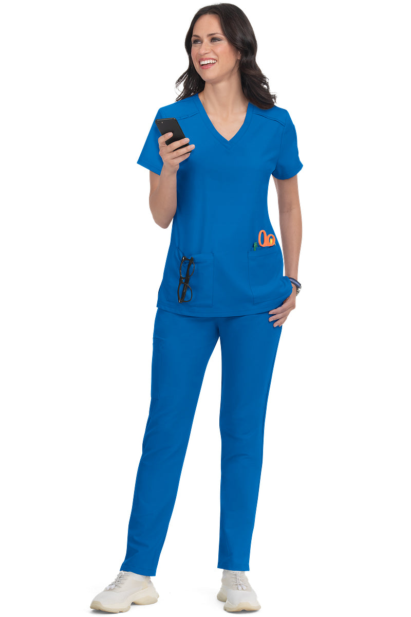Koi Cureology Cardi C101 royal blue v-neck women's scrub top with durable construction for healthcare workers.