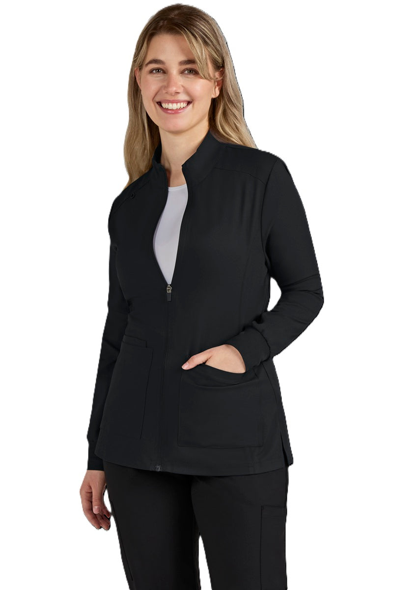 koi Cureology Geneses C400 women's scrub jacket in pewter grey - contemporary fit stretch twill with zipper front and ribbed cuffs.