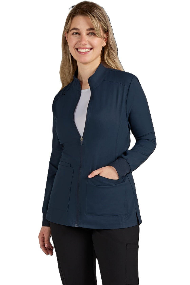 koi Cureology Geneses C400 women's scrub jacket in navy blue - contemporary fit stretch twill with zipper front and ribbed cuffs.