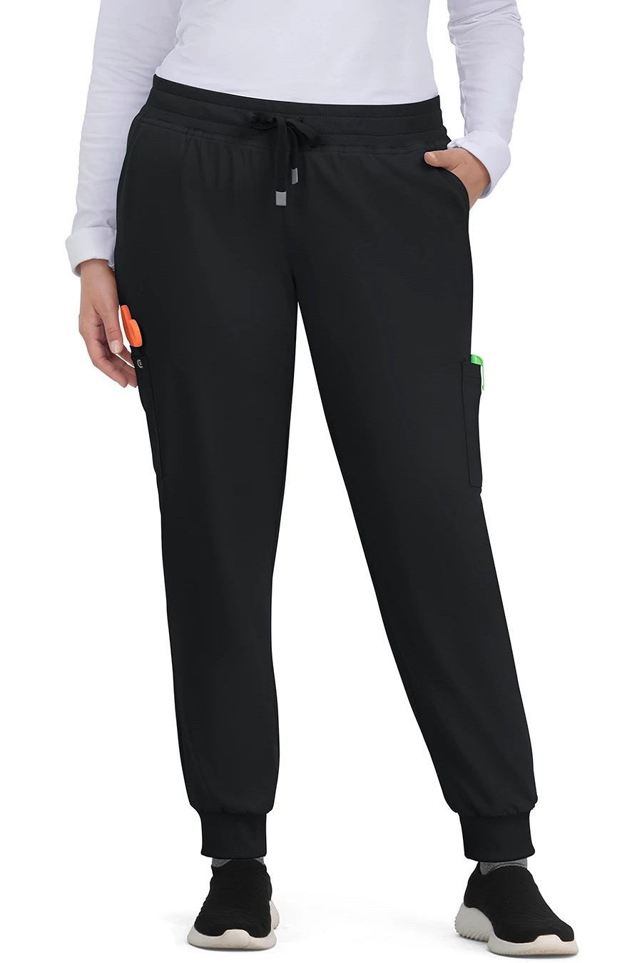 Koi Cureology C700 women's jogger scrub pants in Black with 6 pockets, drawstring waist, and ribbed ankle cuffs - premium medical scrubs for nurses.