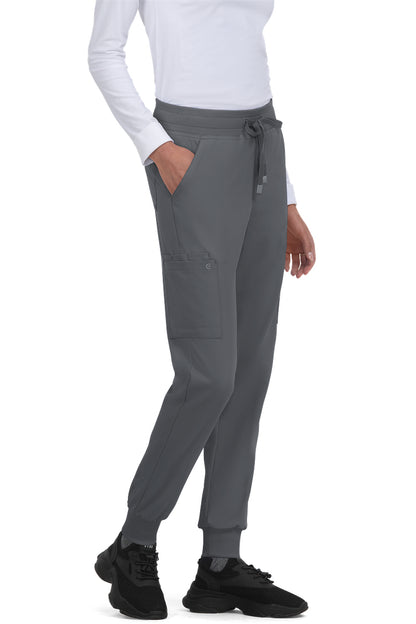Koi Cureology C700 women's jogger scrub pants in Pewter with 6 pockets, drawstring waist, and ribbed ankle cuffs - premium medical scrubs for nurses.