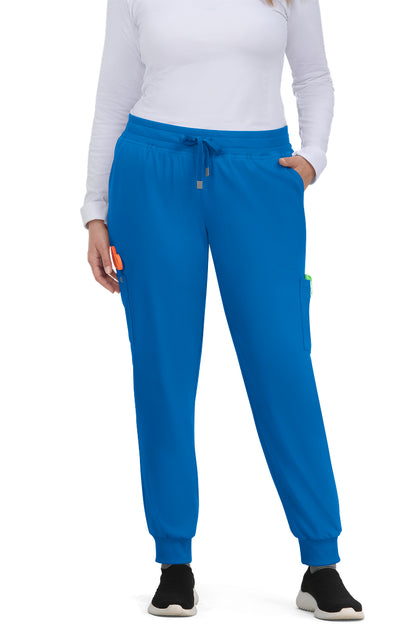 Koi Cureology C700 women's jogger scrub pants in Royal Blue with 6 pockets, drawstring waist, and ribbed ankle cuffs - premium medical scrubs for nurses.