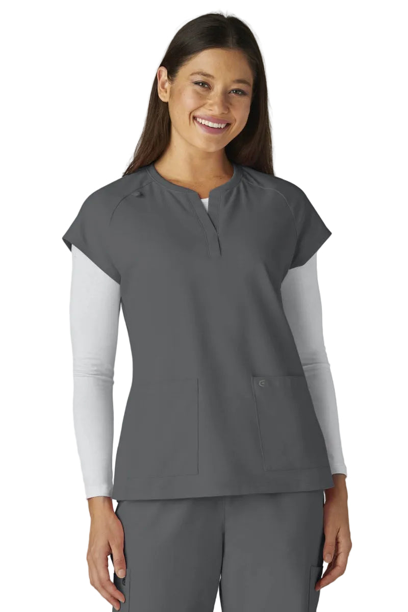 koi C102 Cureology Reese Scrub Top with soft rib-knit collar, raglan sleeves & functional pockets in Pewter Grey.