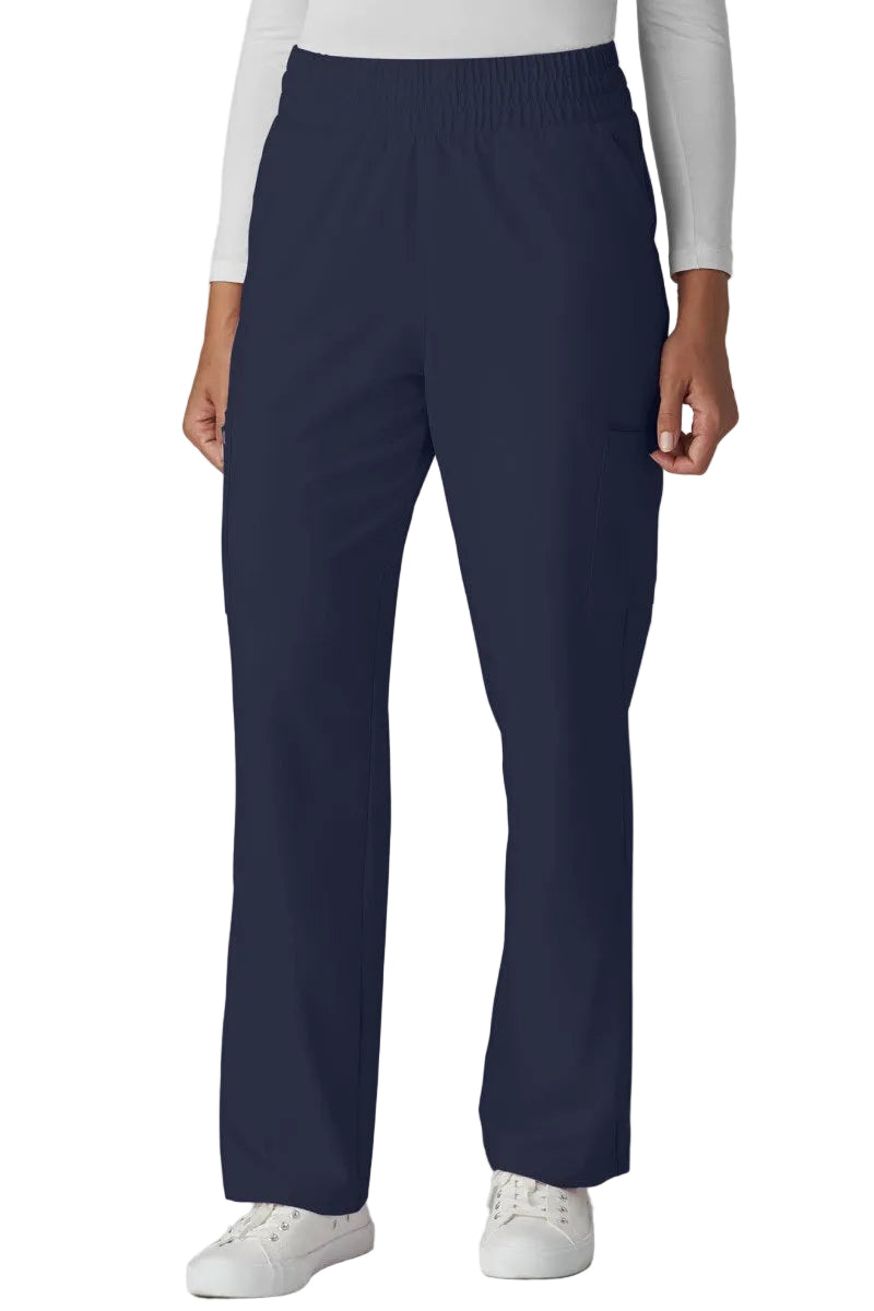 koi C702 Cureology Saylor Scrub Pants with 8 pockets, high-rise fit, and relaxed wide leg in Navy Blue.