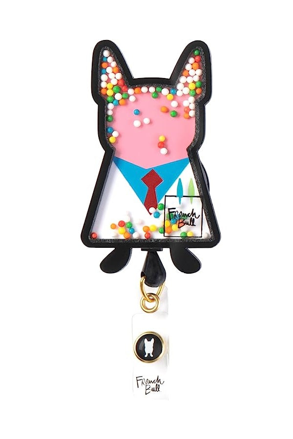 koi French Bull Medical Frenchie Shaker Retractable Badge Reel with playful dog design in blue and white, featuring secure clip attachment for healthcare professionals.