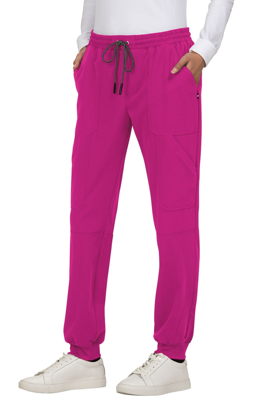 Koi 740 Good Vibe Jogger scrub pants in Azalea Pink - women's medical joggers with elastic cuffs and modern fit.