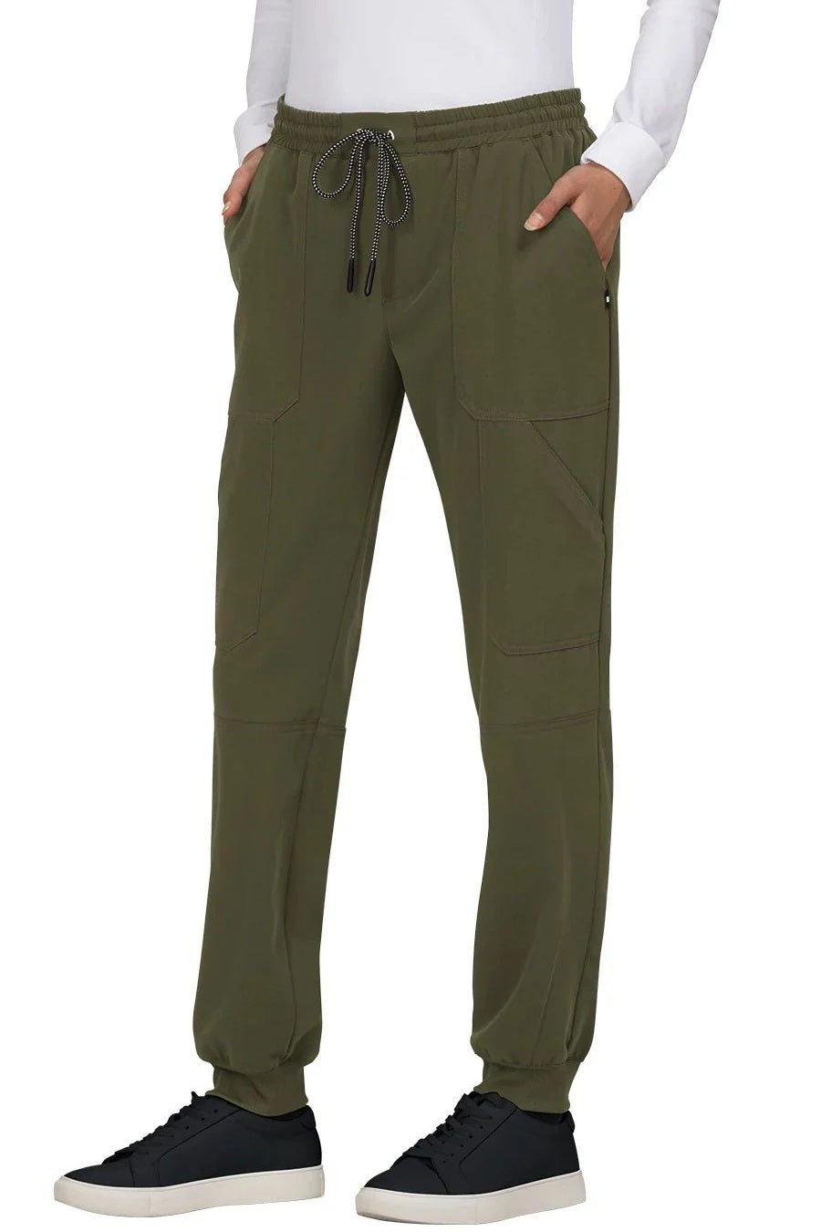 Koi 740 Good Vibe Jogger scrub pants in Olive Green - durable medical joggers for all-day comfort.