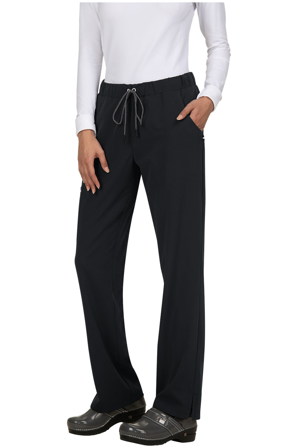Koi Next Gen Everyday Hero 739 straight leg scrub pants in Black – wrinkle-resistant medical scrubs for nurses and healthcare professionals.
