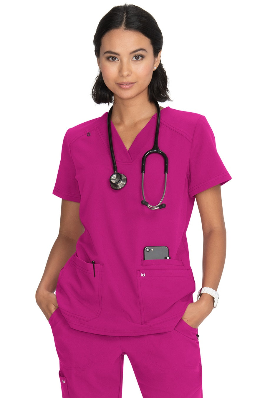 Koi Next Gen Hustle and Heart scrub top 1019 in Azalea Pink - front view showing wide V-neck, 3 pockets, and modern classic fit for nurses.
