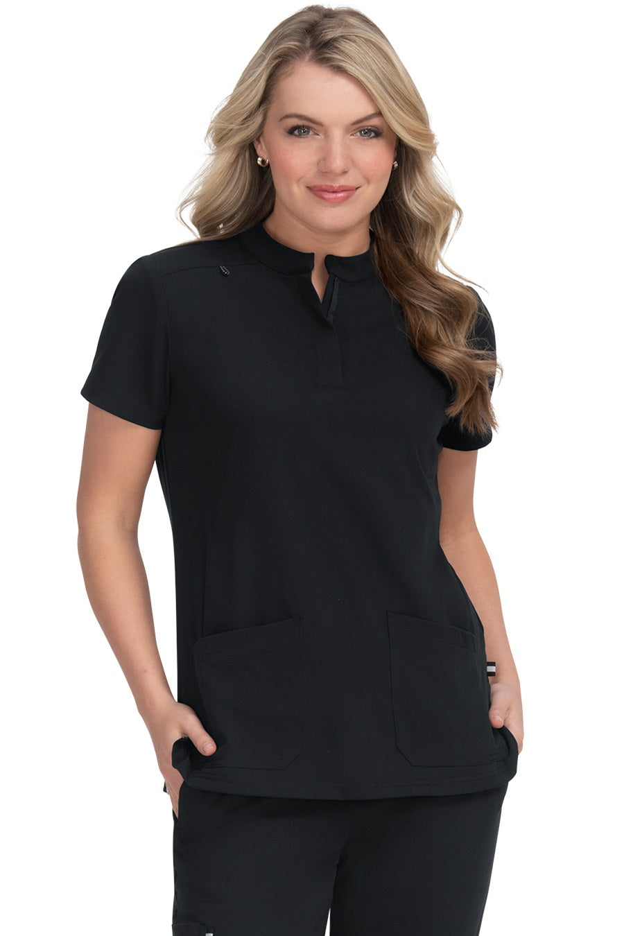 koi 1081 Next Gen Driven Women's 4-Pocket Mandarin Collar Scrub Top in black.