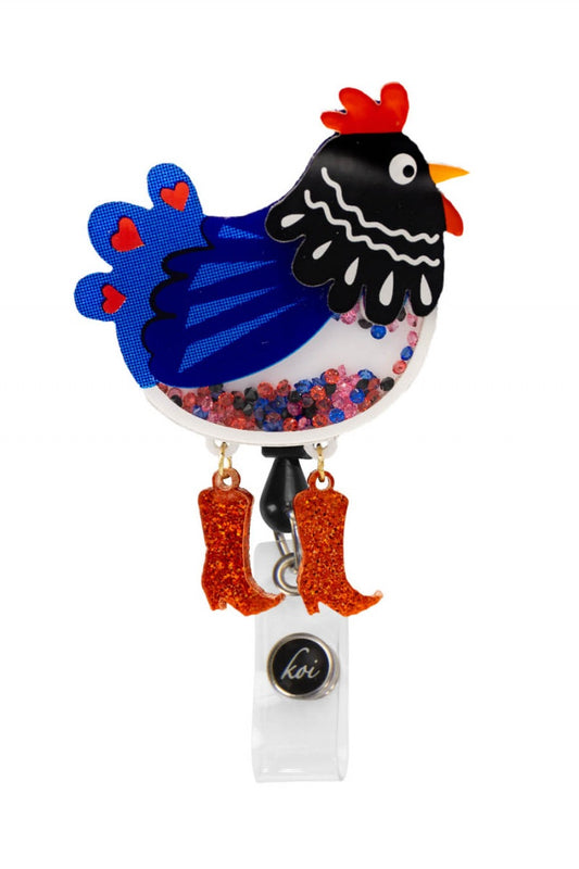 Koi Chicken Boots Shaker Badge Reel with retractable cord and snap badge holder