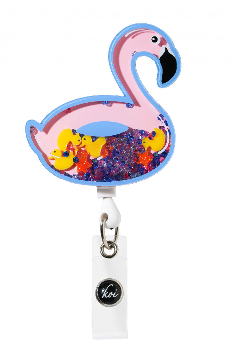 Koi Flamingo Floatie Shaker Badge Reel with retractable cord and snap badge holder