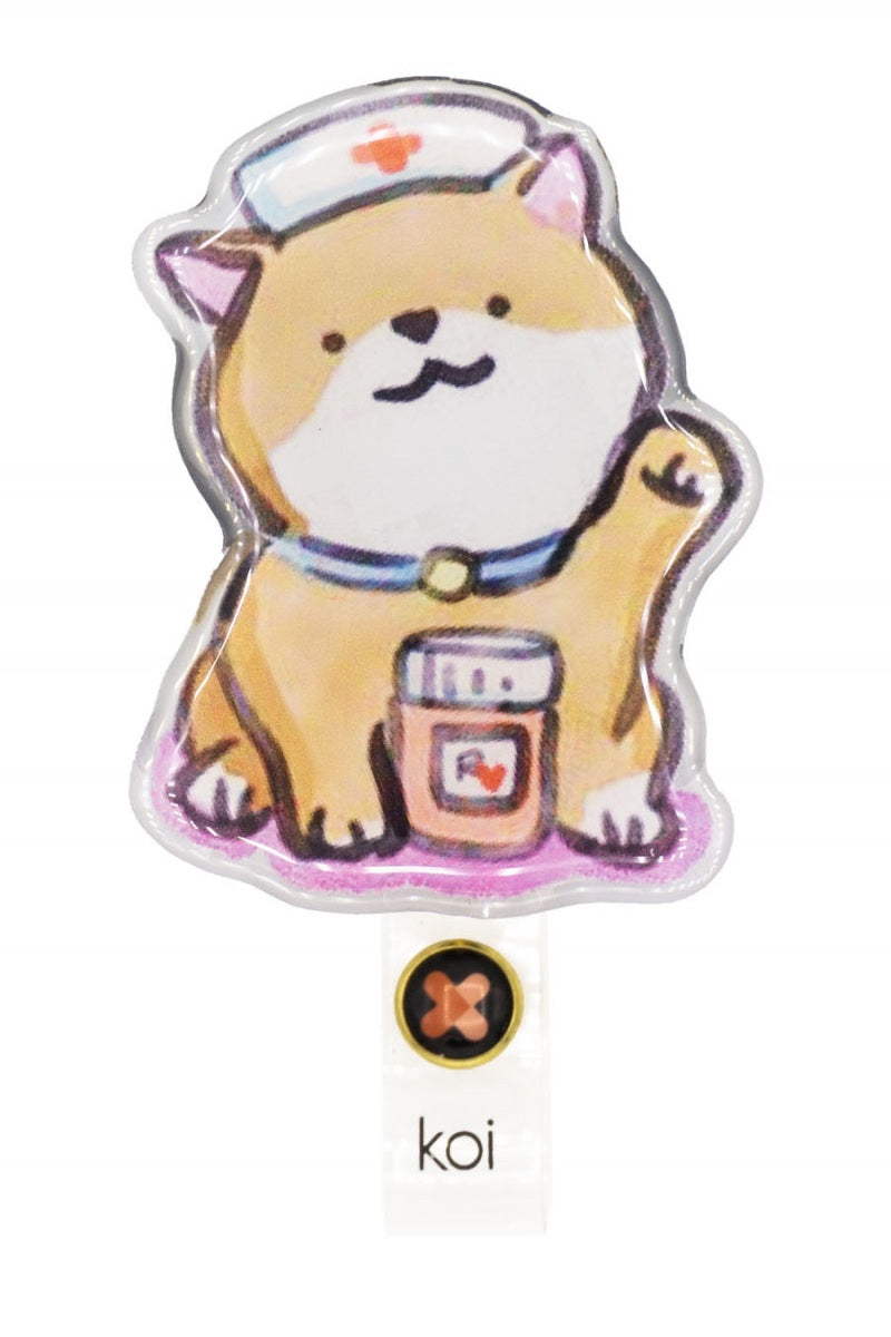 Koi Nurse Shiba Badge Reel with retractable cord and snap badge holder at Parker's Clothing & Scrubs.