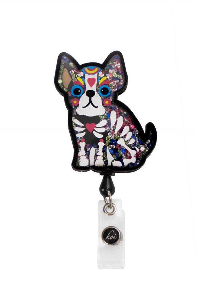 Koi Skeleton Dog Shaker Badge Reel with retractable cord and snap badge holder