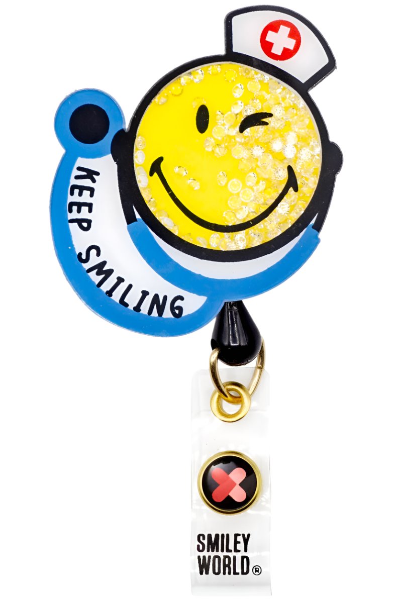 koi Smiley World Shaker Badge Reel in Dr. Smiley design with retractable cord and clip for healthcare professionals.