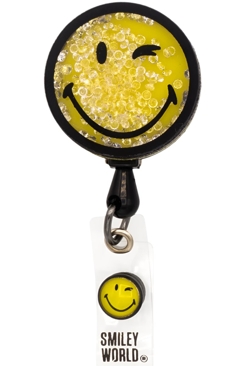 koi Smiley World Shaker Badge Reel in Loving Yellow design with retractable cord and clip for healthcare professionals.
